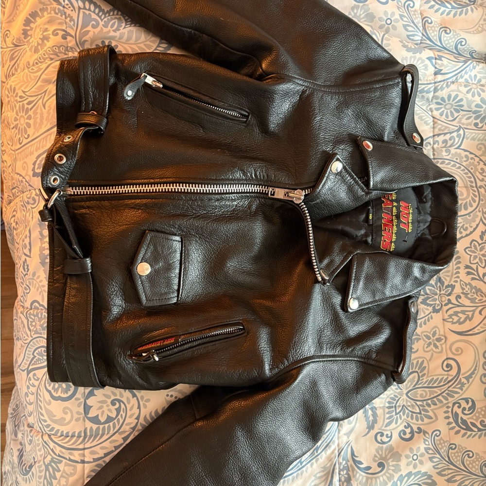 Classic Black Leather Biker Jacket with Adjustable Straps